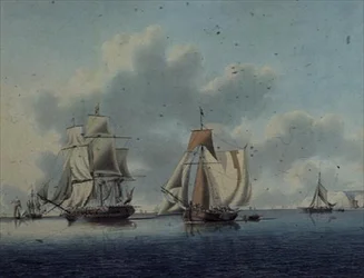 Fragata e barcos de pesca holandeses fora da ilha de Wight