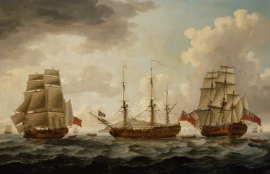 H.M.S. Tyrall em três posições ao largo de Antígua