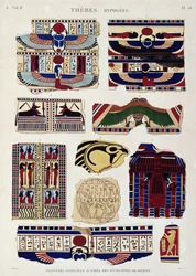 Ilustrações de desenhos pintados do invólucro das múmias, Hipogeu, Tebas, prato 58 do Vol. II de Descrições do Egito, gravado por Willemin, 1822 (aquatint)
