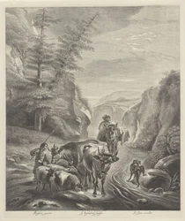 Pastores com gado num caminho de montanha