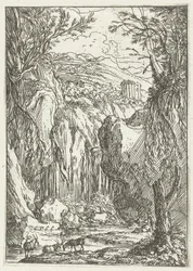 Paisagem rochosa com templo antigo