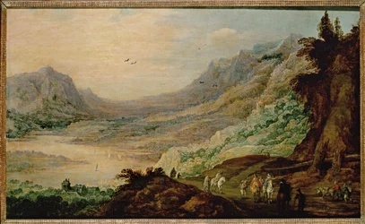 Paisagem com vale de rio ... (óleo sobre madeira de carvalho)