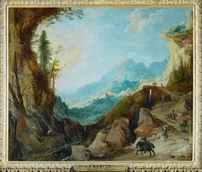Uma paisagem montanhosa com uma ponte e quatro cavaleiros ...