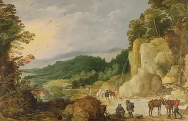 Uma paisagem de montanha com uma cachoeira e viajantes em um Ford