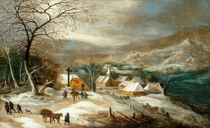 Paisagem de inverno com figuras numa estrada junto a uma aldeia