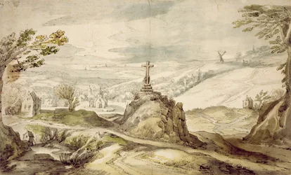 Paisagem montanhosa com uma cruz (caneta, lavar e wc no papel)