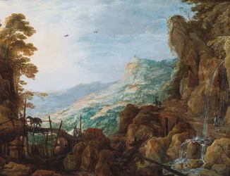 Uma paisagem montanhosa rochosa com um cavaleiro numa ponte e uma cascata (óleo sobre painel)