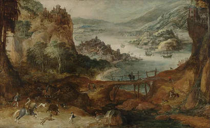 Paisagem fluvial com caça ao javali