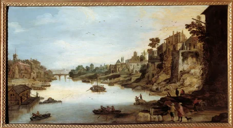 Vista do Tibre (Tevere) em Roma Uma casa sobre palafitas à esquerda. Pintura de Josse Momper II (1564-1635)