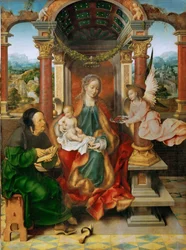 Arte Neerlandesa Antiga : A Madona e a Criança com São José (Altar alado, painel central) par Cleve, Joos van (ca. 1485-1540), ca. 1530. Óleo sobre madeira, 94,5x70. Museu de História de Arte, Vienne