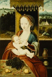 Madonna e criança, sentadas sob um dossel, em uma mesa com frutas, em uma paisagem,