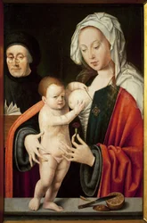 A Virgem, a Criança e um doador. Pintura de Joos Van Cleve (1485-1540), óleo sobre madeira. Arte flamenga do século XVI. Musee Grobet Labadie, Marselha.