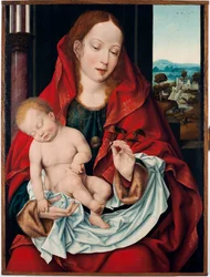 Pintura Virgem e Infantil de Joos Van Cleve the young (ca. 1485-1540) 1518-1522 Sol. 61x45,5 cm Genes, Musei di Strada Nuova (ex Palazzo Bianco)