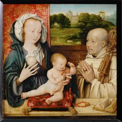 Virgem e menino com São Bernardo de Claraval. Ao fundo, a Abadia de Cluny ...