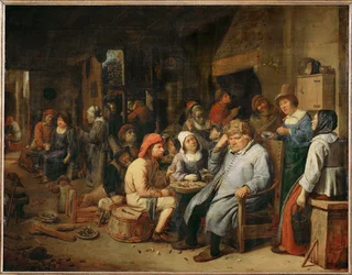 Um grupo de agricultores numa taberna (pintura sobre madeira de carvalho)