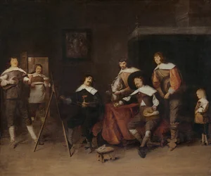 Um artista pintando o retrato de um jovem senhor em Antuérpia