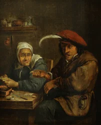 Interior com uma mulher idosa e um homem a deitar sangue (Alegoria do sentido do tato)