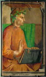 Dante Alighieri, poeta De uma série de 28 retratos, pintados por volta de 1475 para o studiolo de Federigo da Montefeltre ...