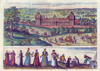 Chegada da Rainha Elizabeth I no Palácio Nonesuch e homens e mulheres da sociedade Tudor, 1598 (gravura em cobre colorida à mão)