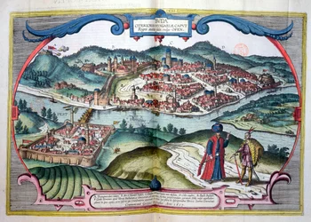 Budapeste, durante a ocupação turca, de "Le Theatre du Monde", de Georg Braun (1541-1622), publicada por Jan Jansson, Amsterdã, 1657