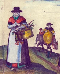 Folk indo ao mercado, 1598 mão colorido detalhe de gravura de cobre de 324184