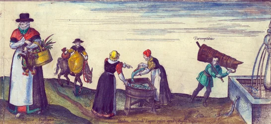 País folk indo ao mercado, peixeiras vendendo pique e um aprendiz buscando água de uma fonte, 1598 mão colorido detalhe de gravura em cobre de 324184