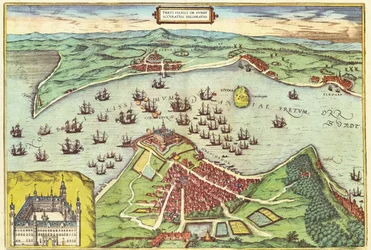 Elsinore, Dinamarca, a partir da Humanidade pela Braun (1541-1622) e Frans Hogenberg (1535-1590), c.1572