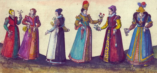 Mulheres inglesas da era elisabetana, 1598 (gravura de cobre colorida à mão)