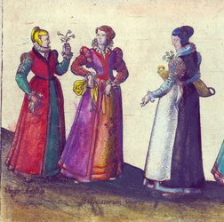 Mulheres inglesas da era elisabetana, 1598 (gravura de cobre colorida à mão)