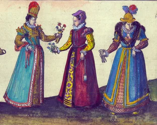 Mulheres inglesas da era elisabetana, 1598 mão colorido detalhe de gravura em cobre de 324184