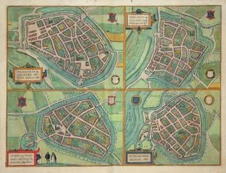 Mapa de Arnhem, Velmo, Gelre e Ruerm, de «Civitates Orbis Terrarum» de Georg Braun (1541-1622) e Frans Hogenberg (1535-90), c. 1572-1617