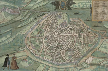 Mapa de Avignon, de &39;Civitates Orbis Terrarum&39; por Georg Braun (1541-1622) e Frans Hogenberg, c.1572 (gravura a cores)