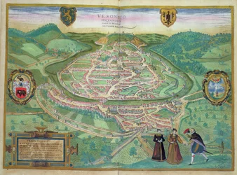 Mapa de Besançon, de &39;Civitates Orbis Terrarum&39; por Georg Braun (1541-1622) e Frans Hogenberg (1535-1590), 1575 (gravura a cor)