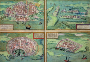 Mapa de Calais, Malta, Rhodes, e Famagusta, do &39;mundo&39; por Braun (1541-1622) e Franz Hogenbergh (1535-1590), c.1572