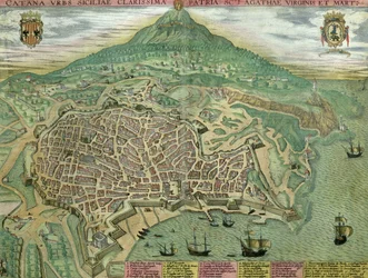 Mapa de Catania, a partir de &39;Mundo&39; pela Braun (1541-1622) e Franz Hogenbergh (1535-1590), c.1572