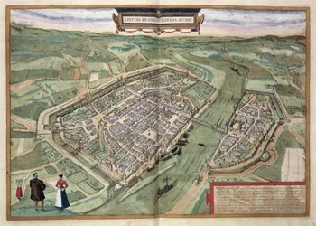 Mapa de Frankfurt, de &39;Civitates Orbis Terrarum&39; por Georg Braun (1541-1622) e Frans Hogenberg (1535-90), c.1572 (gravura a cores)