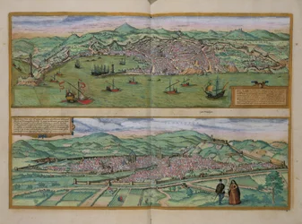 Mapa de Gênova e Florença, de &39;Civitates Orbis Terrarum&39; por Georg Braun (1541-1622) e Frans Hogenberg (1535-90), c.1572