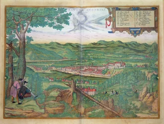 Mapa de Linz, de &39;Mundo&39; pela Braun (1541-1622) e Franz Hogenbergh (1535-1590) 1594