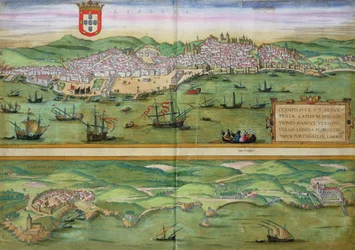 Mapa de Lisboa e Cascais, de &39;Civitates Orbis Terrarum&39; por Georg Braun (1541-1622) e Frans Hogenberg (1535-90), c.1572