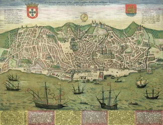 Mapa de Lisboa, de &39;Civitates Orbis Terrarum&39; por Georg Braun (1541-1622) e Frans Hogenberg (1535-90), c.1572