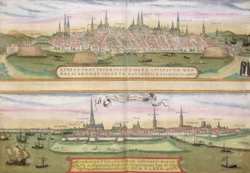 Mapa de Lubeck e Hamburgo, de &39;Civitates Orbis Terrarum&39; por Georg Braun (1541-1622) e Frans Hogenberg (1535-90), c.1572 (gravura colorida)