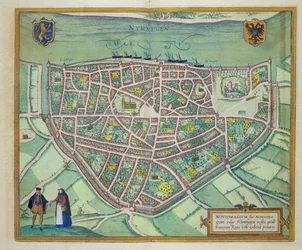 Mapa de Nijmegen, de &39;Mundo&39; pela Braun (1541-1622) e Franz Hogenbergh (1535-1590) c.1572-1617