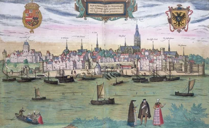Mapa de Nijmegen, de &39;Mundo&39; pela Braun (1541-1622) e Frans Hogenberg (1535-1590), c.1572