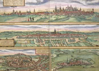 Mapa de Nuremberg, Ulm e Saltzburg, de &39;Civitates Orbis Terrarum&39; por Georg Braun (1541-1622) e Frans Hogenberg (1535-90), c.1572 (gravura colorida)