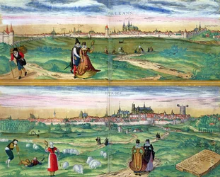 Mapa de Orleans e Bourges, de "Civitates Orbis Terrarum" por Georg Braun (1541-1622) e Frans Hogenberg (1535-90), c.1572