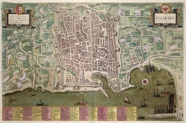 Mapa de Palermo, de «Civitates Orbis Terrarum» de Georg Braun (1541-1622) e Frans Hogenberg (1535-90), c. 1572-1617