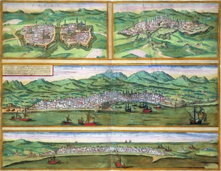 Mapa de Parma, Siena, Palermo, e Drepannm, de &39;Mundo&39; pela Braun (1541-1622) e Franz Hogenbergh (1535-1590), c.1572