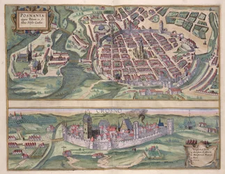 Mapa de Poznan e Gruczno, de &39;Civitates Orbis Terrarum&39; por Georg Braun (1541-1622) e Frans Hogenberg (1535-90) c.1572-1617