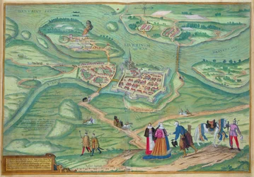 Mapa de Linz, de &39;Mundo&39; pela Braun (1541-1622) e Franz Hogenbergh (1535-1590) 1597