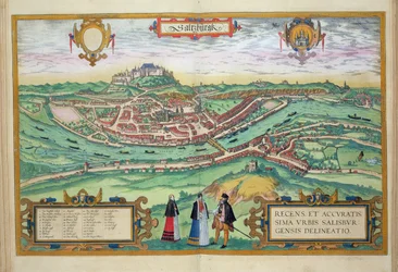 Mapa de Salzburgo, de «Civitates Orbis Terrarum» de Georg Braun (1541-1622) e Frans Hogenberg (1535-90), c. 1572-1617